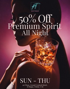 50% off premium spirit all night at RT Restobar - Sunday to Thursday